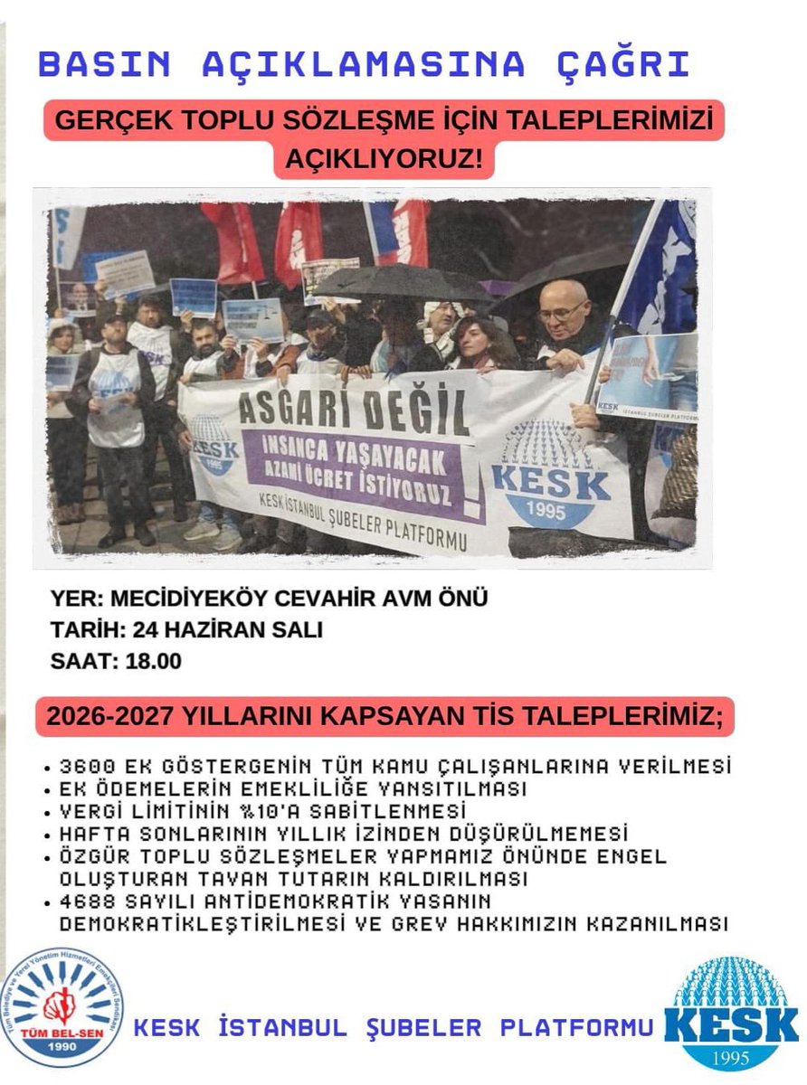 24 Haziran Salı, saat 18.00'de "Gerçek Toplu Sözleşme İçin Taleplerimiz" içerikli basın açıklamamıza bekliyoruz. 
Kurtuluş Yok Tek Başına, Ya Hep Beraber Ya Hiç Birimiz...
Sen Yoksan Bir Eksiğiz