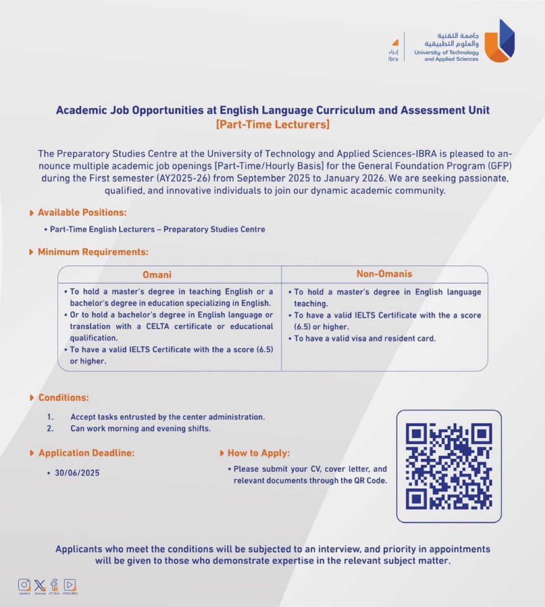 #وظائف_عُمان ||

جامعة التقنية والعلوم التطبيقية في إبراء تعلن عن شواغر أكاديمية بنظام العمل الجزئي / الاجر بالساعات في تخصص اللغة الإنجليزية

🔗 للاطلاع والتسجيل عبر الرابط الآتي ⬇️
docs.google.com/forms/d/e/1FAI

#سلطنة_عُمان