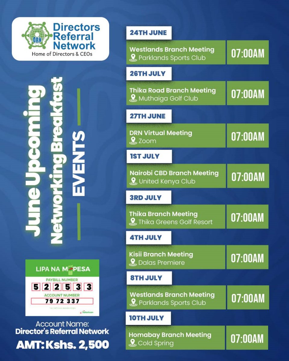 Ready to network? 🤔 DRN's next event is TOMORROW! June 24th, 7 AM, Parklands Sports Club. Act now seats are limited .KSh 2,500. DM us or WhatsApp to join: +254714966666 0r  wa.me/254714966666 
#ReferralRewards
<a href="/DRNKENYA/">Director's Referral Network</a> 
Kuwait On Wednesday #Justice4OurMashujaa
World War