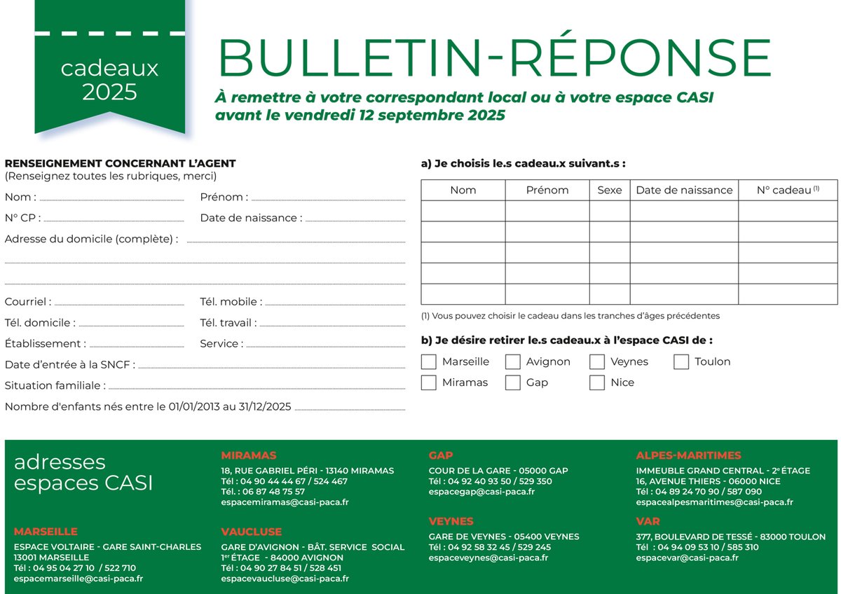 Le CASI Cheminots PACA offre pour Noël à chaque enfant (âgé de 0 à 12 ans) de cheminot,
Les enfants sont également invités à l’un des spectacles offerts pour l’occasion.
un voyage à Lyon est organisé pour le week-end du 15/16 novembre 2025.calameo.com/read/007181399…