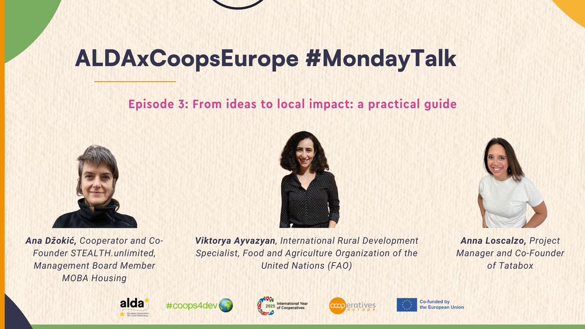 CoopsEurope's tweet image. We are resuming our cooperative dialogue on the Western Balkans with our third and final 🧩 #MondayTalks webinar, co-hosted with @ALDA_Balkans 

Ana Džokić, Viktorya Ayvazyan &amp;amp; Anna Loscalzo share their insights on the practicalities of coop entrepreneurship.

#coops4dev🌍 #IYC25