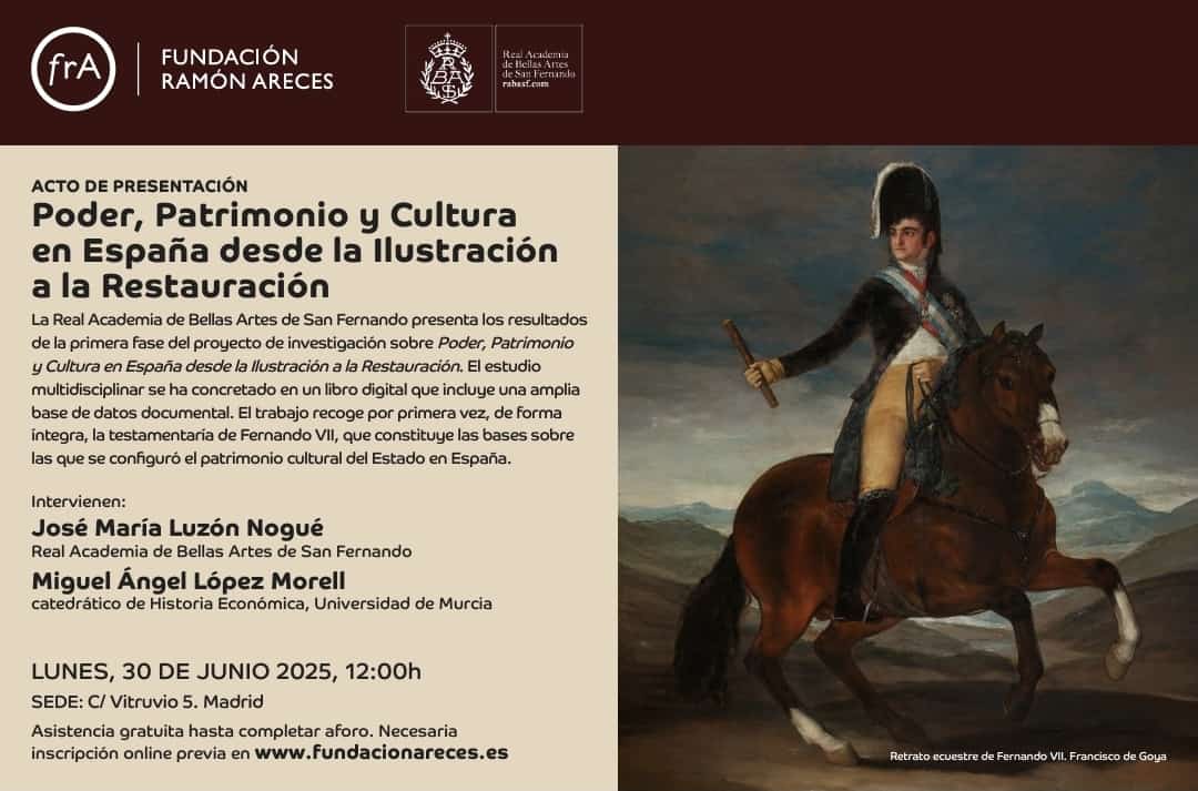 🎨Presentación de la primera fase del proyecto de investigación "Poder, Patrimonio y Cultura desde la Ilustración a la Restauración" <a href="/rabasf/">Academia S. Fernando</a> <a href="/FundacionAreces/">FundaciónRamónAreces</a> 
📅30 de junio
⌚12:00 h
📍Fundación Ramón Areces
📝Inscripción previa en: fundacionareces.es/fundacionarece…