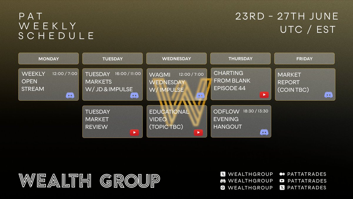 PattaTrades's tweet photo. My schedule for the week ahead, 23rd - 27th June 🗓️

Back to my normal schedule this week. Where you can find my content and what days to look out for.

Going LIVE shortly in @WealthGroup for my weekly open stream 👉 https://t.co/1a2ultGQ4i