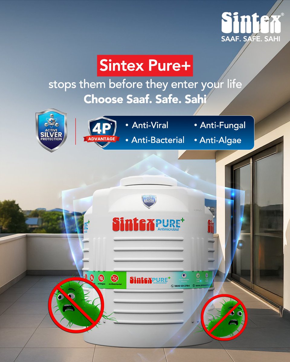 sintex_india's tweet photo. Some things escape the eye, yet they impact everything you touch. Sintex Pure+ actively protects your water from harmful microbes. So when you pour, bathe, or wash, one thing is certain: it's Saaf. Safe. Sahi.
#SahiHaiSintex #Sintex #SintexTanks #SaafSafeSahi #PurePlus #Health https://t.co/M6wopWShBv
