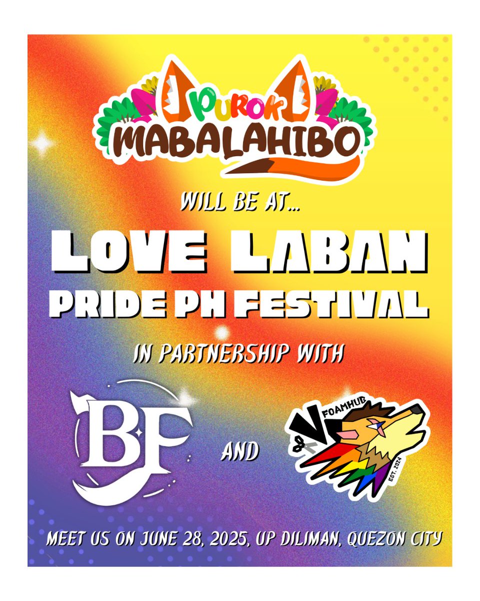 We’re proud to announce that @vfoamhub, led by Liev of Purok Mabalahibo, is teaming up with <a href="/BarangayFurry/">Barangay Furry 🐾</a> for #LoveLaban2025! 🌈

Join us this June 28 at UP Diliman as we march with pride, power, and passion!
Kitakits mga kababayan! 🏳️‍🌈✨
#FurryWithPride
#Furry
