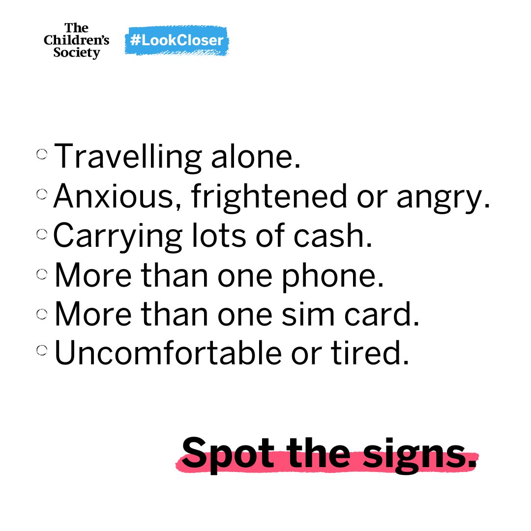 During this #LookCloser campaign we are supporting the Children's Society. Do you know the signs of child exploitation?  These include: