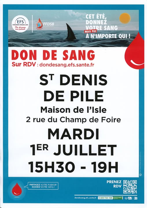 L’Établissement Français du Sang a besoin de nous ! 🆎🅰️🅱️🅾️
Prochaine collecte 🩸 #SaintDenisdePile

🗓️Mardi 1er juillet
🕒De 15h30 à 19h00
📍Maison de l'Isle - Place de Verdun
Prenez rendez-vous⤵️
dondesang.efs.sante.fr/trouver-une-co…
#dondesang  #EFS