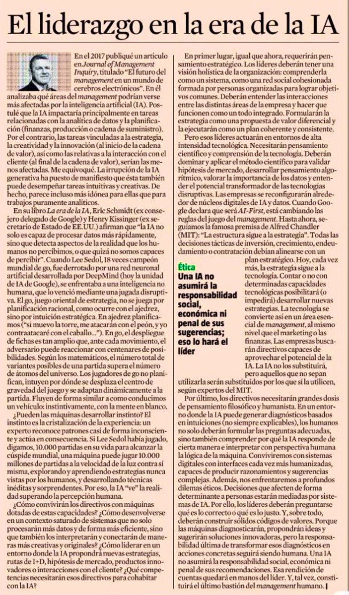 dialogoslideres's tweet image. 🔴¿Cómo es el #liderazgo en la era de la #IA?
Además desarrollar el pensamiento estratégico, hay que ser capaz de liderar la disrupción y la tecnología y aplicar un juicio humanista sobre las recomendaciones y decisiones de las máquinas.
✅ Por @XavierFerras