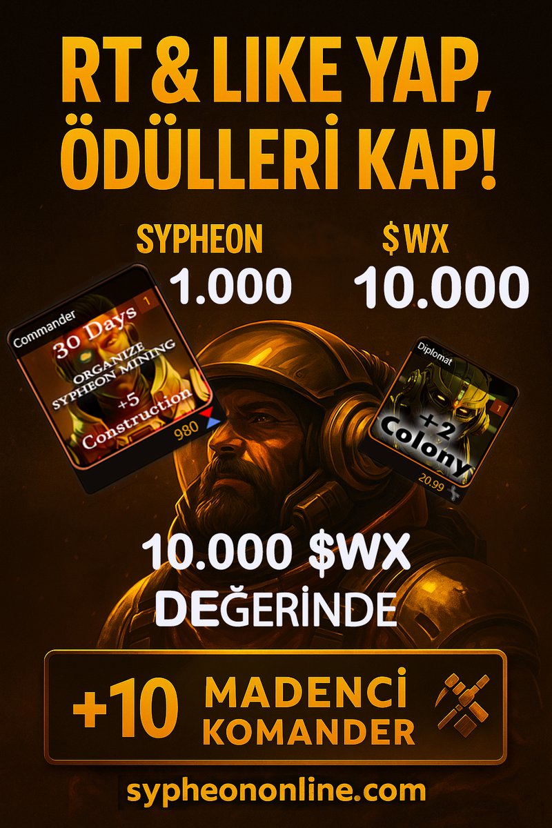 RT &amp; Like yapanlar arasından 50 kişiye ödül!

🎁 Ödül havuzu:

• 1000 $SYPHEON Token
• 10.000 $WX Token
• 10 Madencilik Komanderı

🏅 Ve 1 şanslı oyuncuya özel: Diplomat Komander (çift koloni hakkı)

👉sypheononline.com

Kazananlar 7 gün içinde açıklanacak!