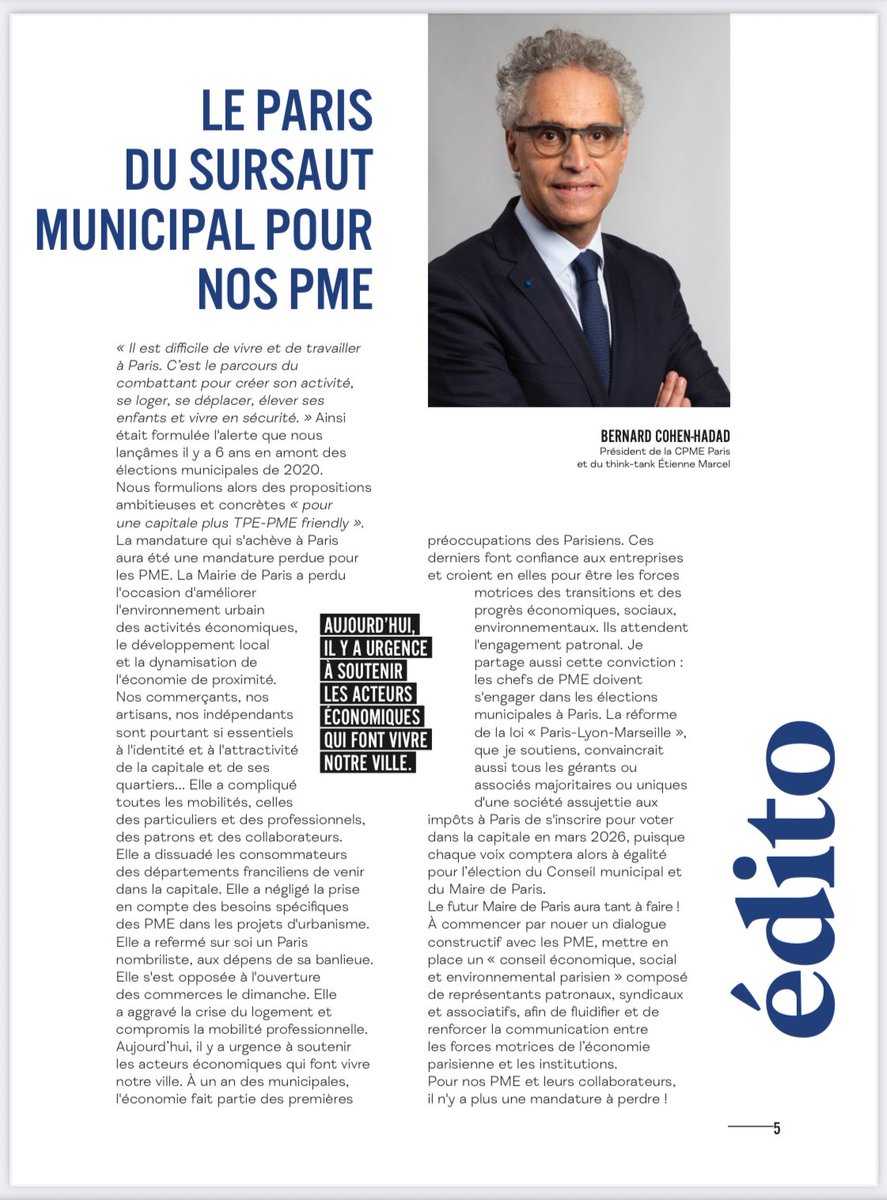 #Paris #Municipales #Entreprises 
📌 À moins d’un an des élections municipales:  Quel Pari(s) pour Paris ? 

📣 Dans une ville blessée, fracturée et qui perd ses commerces nous faisons le Paris du sursaut municipal !

Mon édito et le magazine Mutations 5 
bernard-cohen-hadad.com
