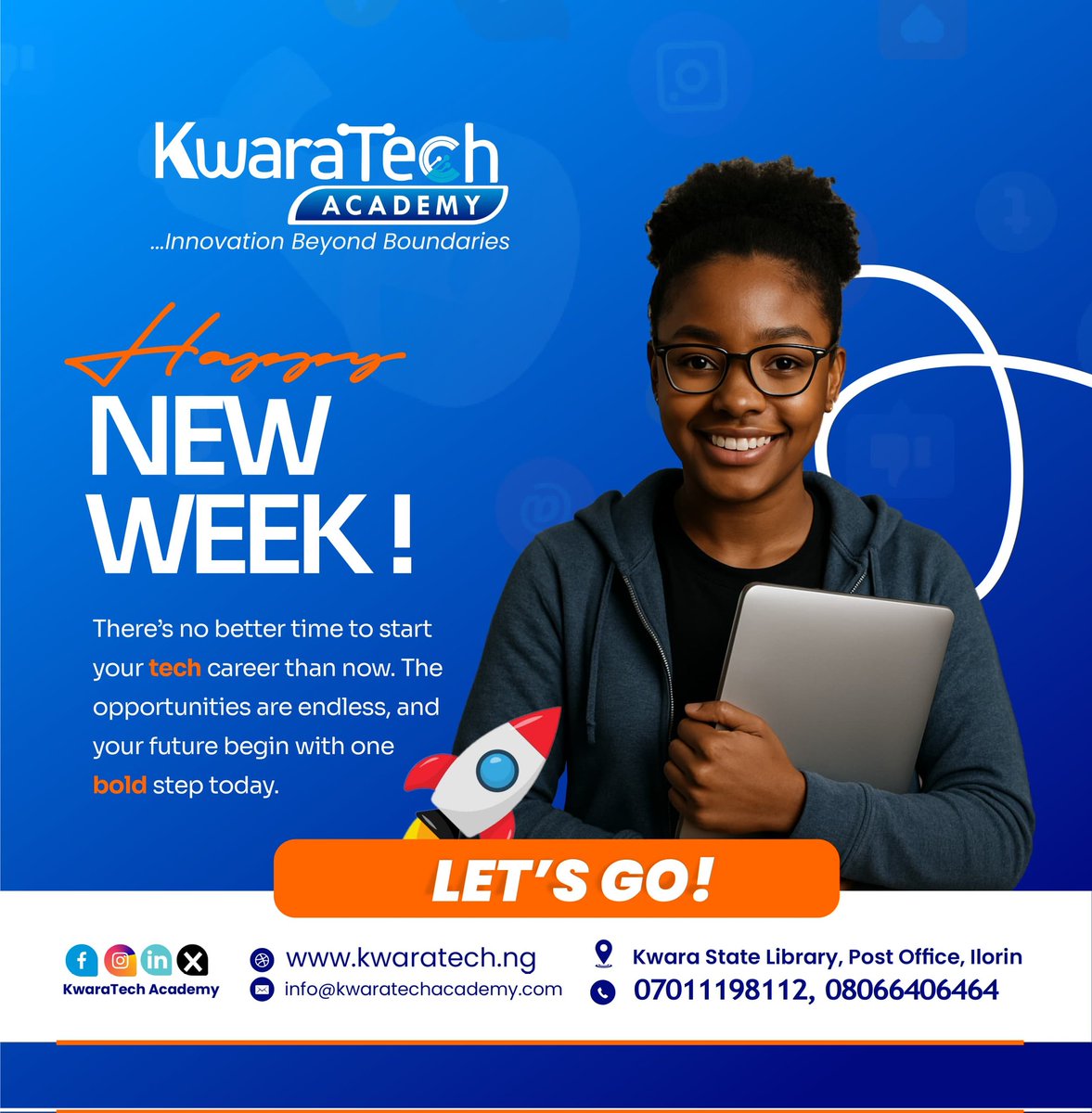 Kwaratechacad's tweet image. Happy NewWeek! 
There’s no better time to launch your tech career than right now

With endless opportunities in today’s digitalworld,your journey starts with one bold step&amp;amp;we’re here to guide you all the way

Let’s build the future together
#MondayMotivation #TechSkills #StartNow