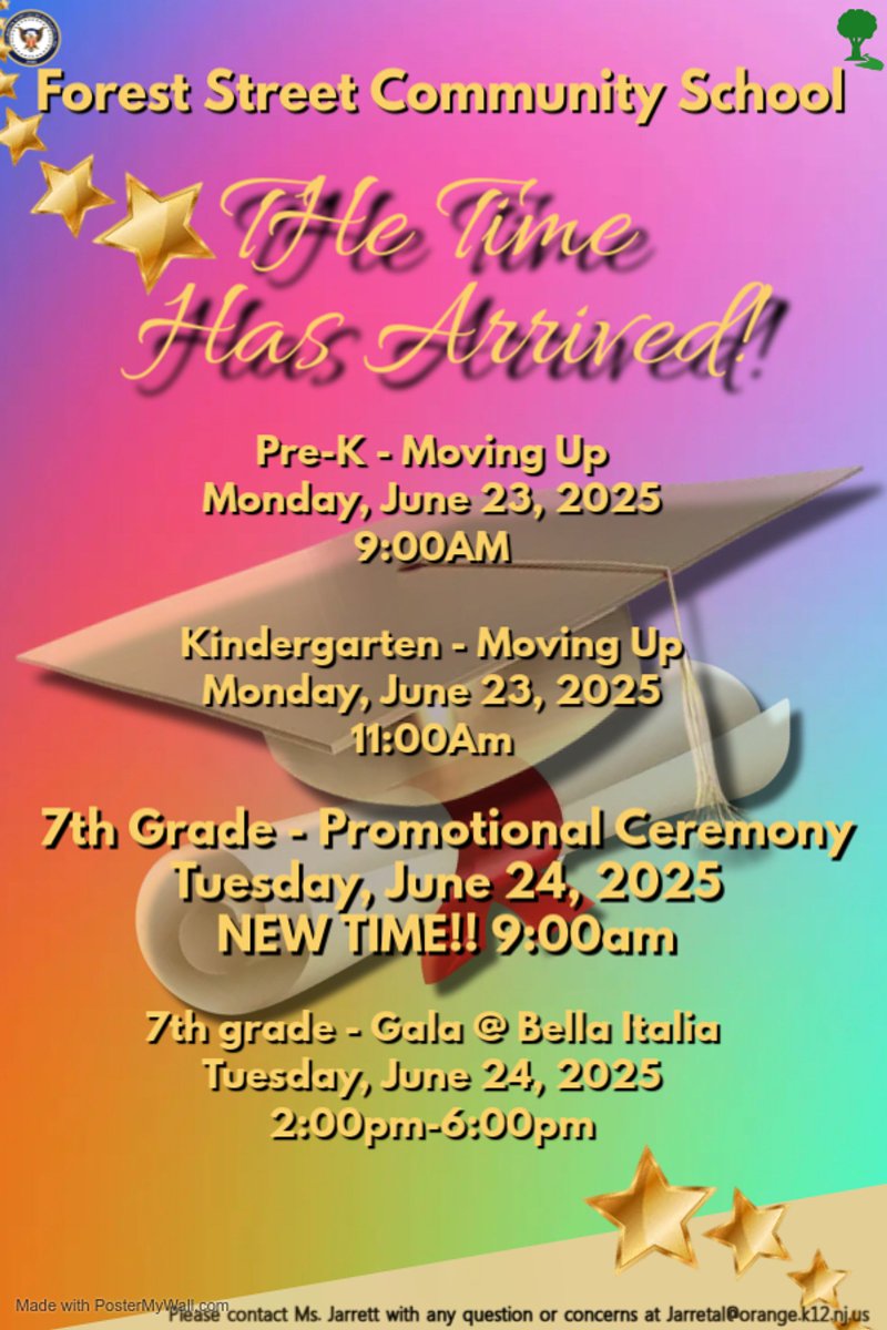 The Time Has Arrived!!! 
Forest Family here are the dates and times for the Moving Up and Promotional Ceremonies. Please note the new time for the 7th grade Promotional Ceremony now is at 9:00am on the 24th. #goodtogreat
