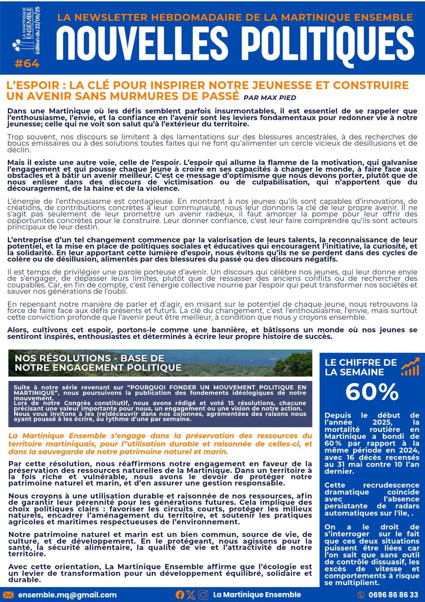 64eme édition de la newsletter de la Martinique Ensemble
Bonne lecture 😊