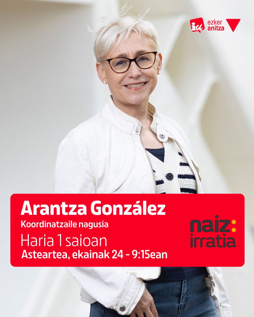 Ezker Anitza-IU🔻 (@ezkeranitzaiu) on Twitter photo 📻 Astearte honetan ez galdu <a href="/arantzagg/">Arantza González 🔻</a>-i 9:15etik aurrera <a href="/NAIZirratia/">NAIZ irratia</a>-n egingo dioten elkarrizketa.
Zuzenean jarraitu dezakezu hemen: irratia.naiz.eus 📻 Astearte honetan ez galdu <a href="/arantzagg/">Arantza González 🔻</a>-i 9:15etik aurrera <a href="/NAIZirratia/">NAIZ irratia</a>-n egingo dioten elkarrizketa.
Zuzenean jarraitu dezakezu hemen: irratia.naiz.eus