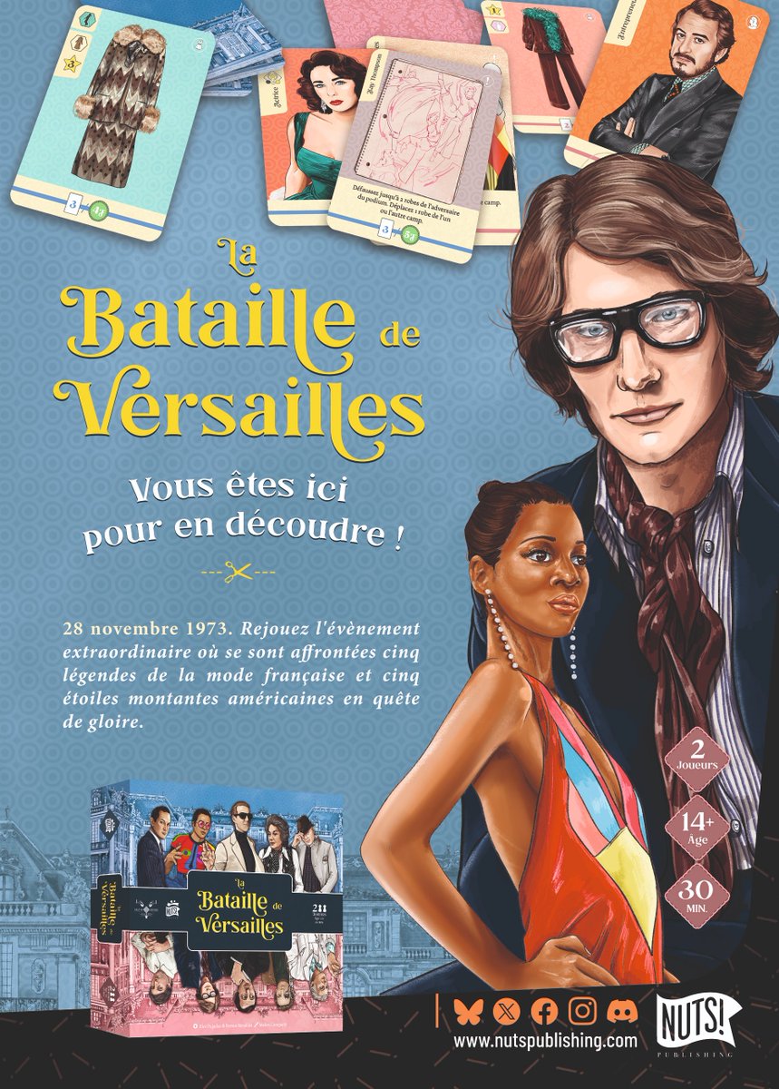 #LaBatailleDeVersailles est sorti !
Les français et les américains s’affrontent avec des robes époustouflantes pour éblouir la presse &amp; attirer les célébrités.

👥2 joueurs / 14+ / 30mn
🛍 Commandez ici : nutspublishing.com/eshop/bataille…