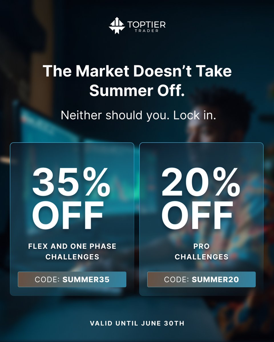 TopTier Trader (@_toptier_trader) on Twitter photo In the words of <a href="/CueBanks/">Quillan Black</a> just because it's summer "make sure that the motion doesnβt stop." π₯
π 35% off ALL Flex + One -Phase Challenges
π 20% off ALL Pro Challenges.
Lock in.
π bit.ly/4kQNMH3 In the words of <a href="/CueBanks/">Quillan Black</a> just because it's summer "make sure that the motion doesnβt stop." π₯
π 35% off ALL Flex + One -Phase Challenges
π 20% off ALL Pro Challenges.
Lock in.
π bit.ly/4kQNMH3
