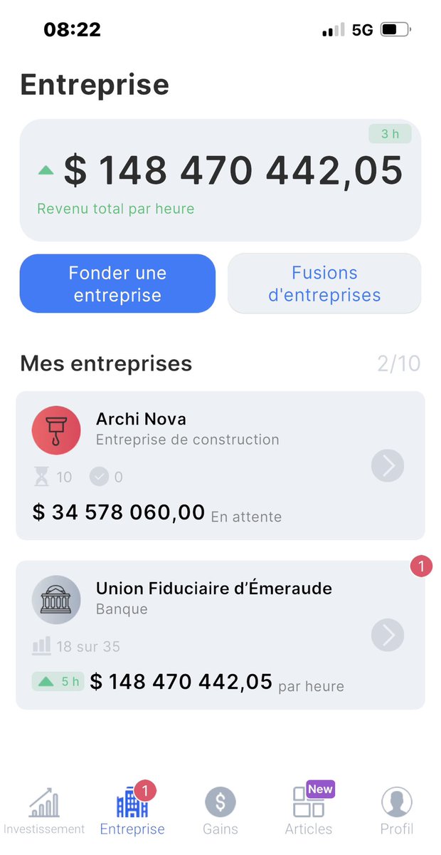 CashBuilderX's tweet photo. 📊 Progression Business Empire (Banque + Construction)
•Banque 🏦 (Union Fiduciaire d’Émeraude)
→ $148 470 442,05 / heure (18 sur 35 niveaux)
•Construction 🏗️ (Archi Nova)
→ $34 578 060,00 en attente (10 unités en construction)

➡️ En route vers les 200 M / heure 🚀 https://t.co/dovgkBFsUY