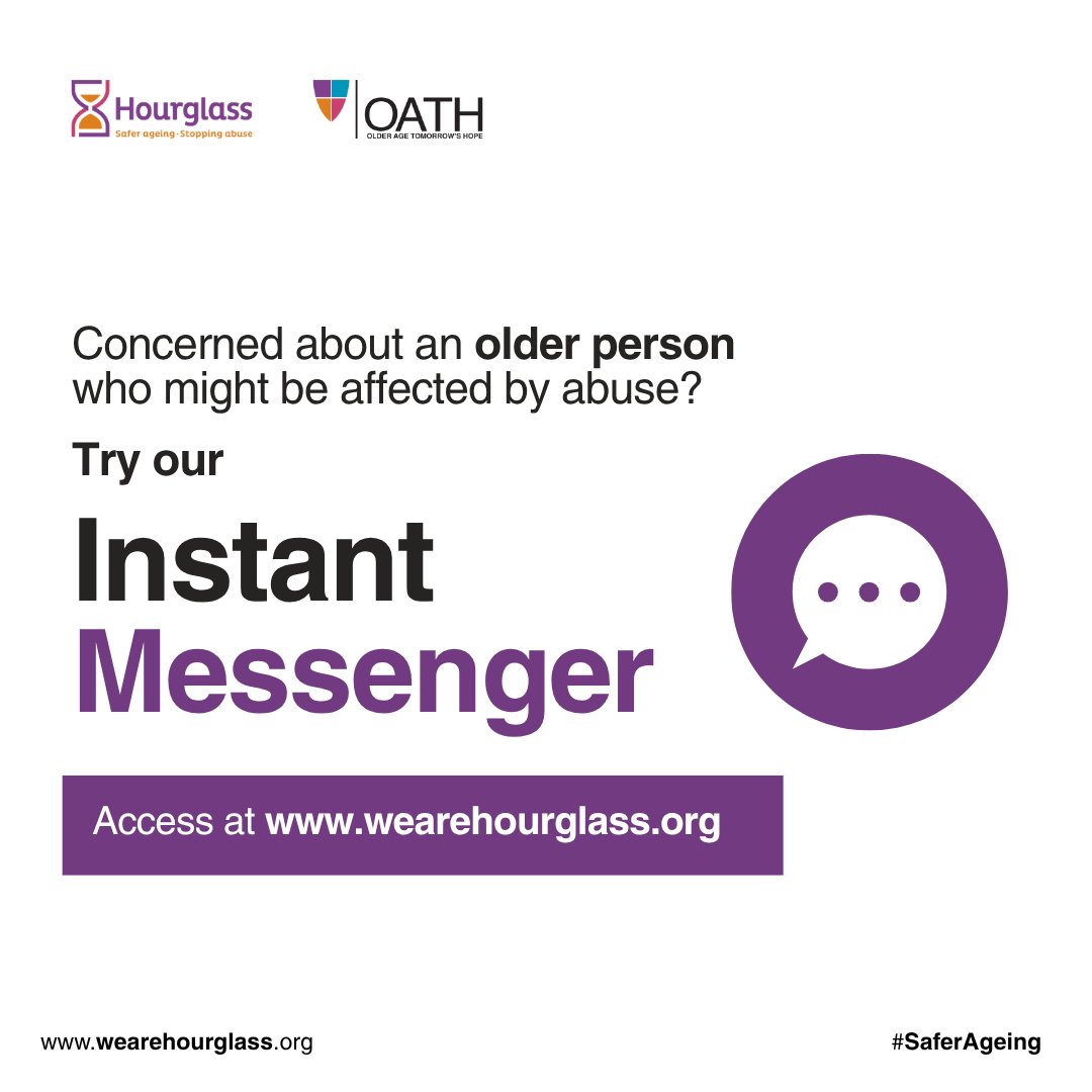 If you or someone you know is being abused, try our instant messenger on our website - wearehourglass.org. 

Or call our free 24/7 helpline at 0808 808 8141

#saferageing #stoppingabuse #hourglass #charity #helpline