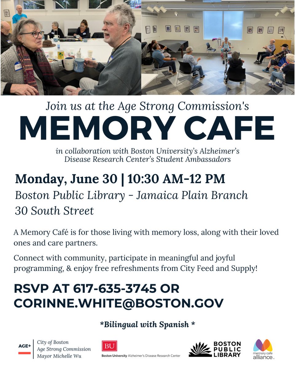 AgeStrongBos's tweet image. Age Strong is holding its next Jamaica Plain Memory Cafe on Monday, June 30, from 10:30 AM - 12 PM at the Jamaica Plain Branch of the Boston Public Library. For more information &amp;amp; to RSVP, call 617-635-3745 or visit boston.gov/departments/ag….