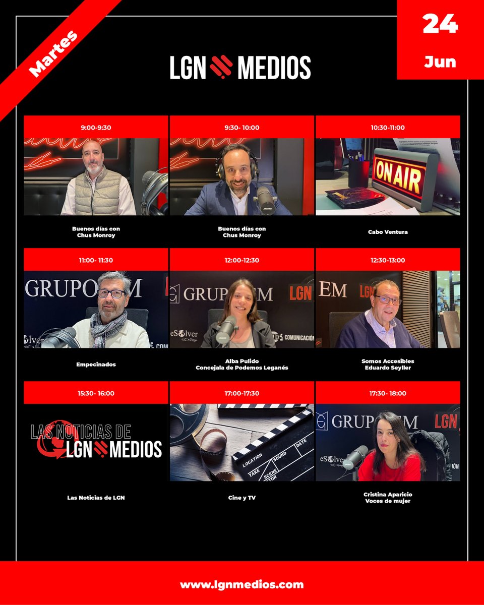 La programación de mañana

🔘 PROGRAMACIÓN MARTES 24 DE JUNIO DE 2025

📻 Escúchanos en la web:
lgnmedios.com