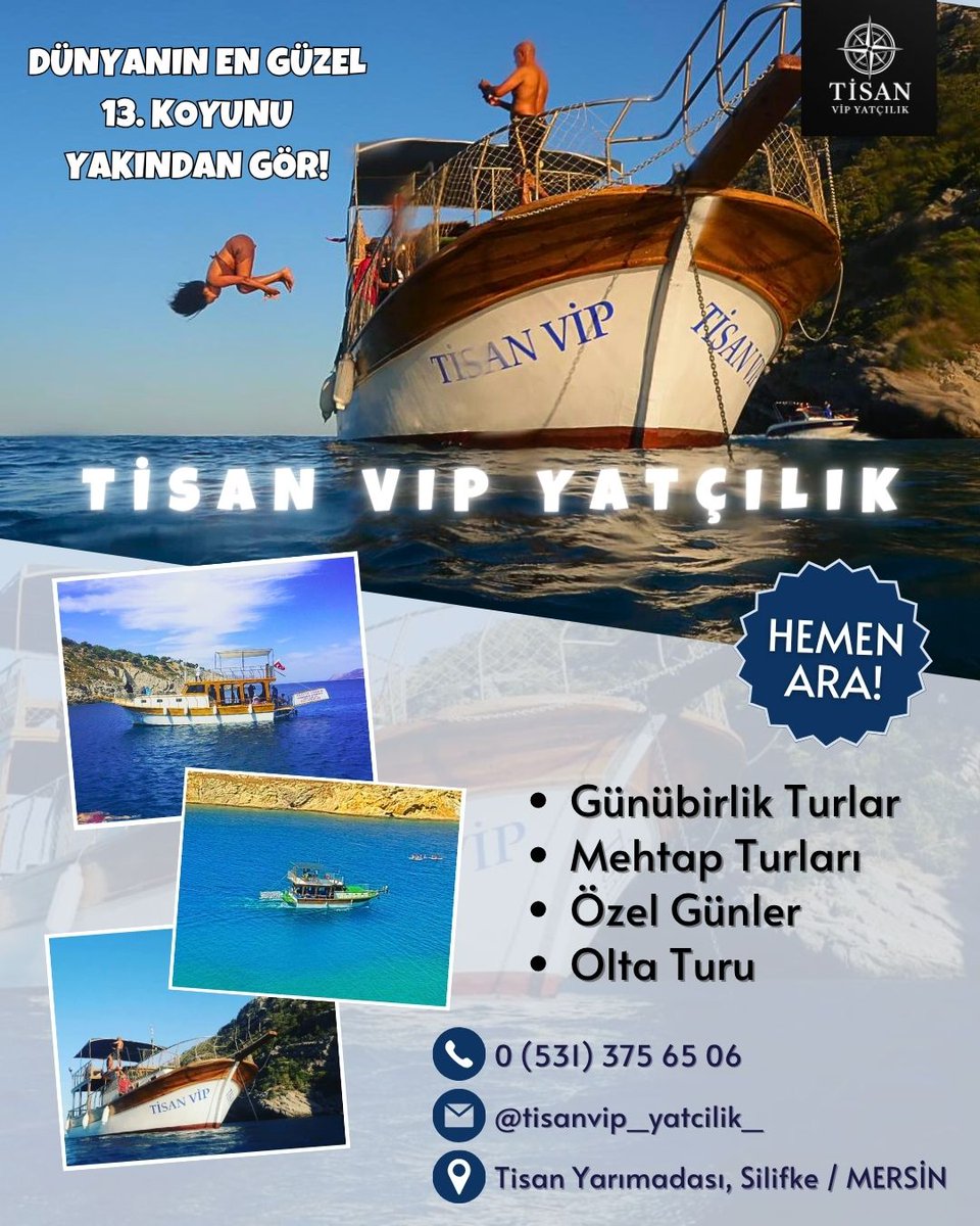 👉🏼 TİSAN VIP YATÇILIK 🏝🛥 Mersin'in en güzel koyu olan Tisan Yarımadası'nı yakından görmek ve mükemmel bir mavi tur 💙 deneyimi yaşamak ister misin❓ 

🔸️Günübirlik Turlar
🔹️Mehtap Turları
🔸️Özel Günler
🔹️Olta Turu

REZ:
0 (531) 375 65 06 📞📲
instagram.com/tisanvip_yatci… 📩