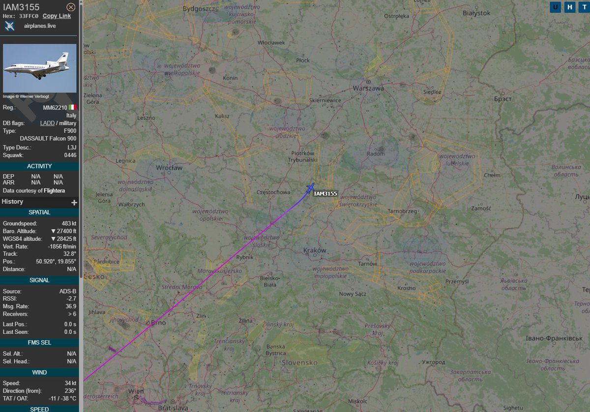 PolishMilRadar's tweet photo. 📅23.06⌚️18:03LT
🇮🇹 Siły Powietrzne Włoch
✈️ Dassault Falcon 900EX "MM62210"
🛫Mediolan Linate #LIML 🇮🇹
🛬 Warszawa #EPWA 🇵🇱
#IAM3155 zniża ⬇️
🔗 https://t.co/qd9CewHYG6
#POLMILRADAR https://t.co/4XNQLFZDzH