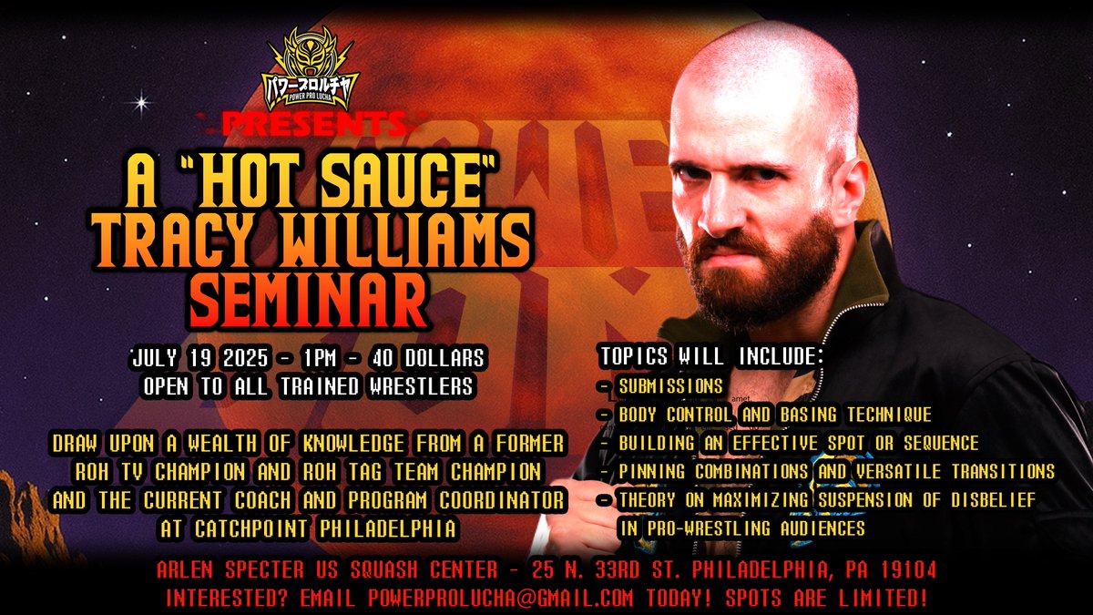 Power Pro Lucha (@powerprolucha) on Twitter photo ๐จHOT SAUCE SEMINAR ๐จ
Want to elevate your game with pure wrestling technique, smart pacing, and body control? Tracy Williams has made a career out of mastering those elements and now heโs here to teach them to YOU on July 19th!
DM or Email powerprolucha@gmail.com to Sign Up! ๐จHOT SAUCE SEMINAR ๐จ
Want to elevate your game with pure wrestling technique, smart pacing, and body control? Tracy Williams has made a career out of mastering those elements and now heโs here to teach them to YOU on July 19th!
DM or Email powerprolucha@gmail.com to Sign Up!
