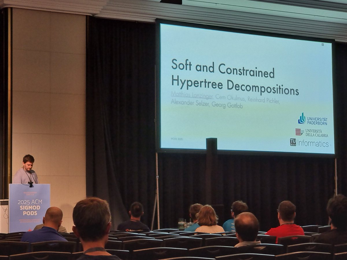 dbai_tuwien's tweet image. Matthias Lanzinger presenting
"Soft and Constrained Hypertree Width"
at #PODS2025 in Berlin!
Joint work together with Cem Okulmus, Reinhard Pichler, Alexander Selzer & Georg Gottlob
@mat_lanzinger