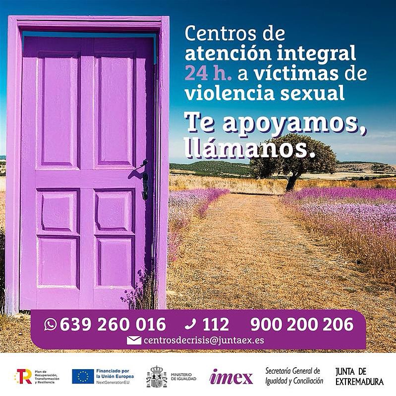 🎗 VIOLENCIA SEXUAL: NO ESTÁS SOLA.
🚪 Una puerta violeta siempre abierta.
📞 Atención 24 horas para víctimas de violencia sexual.
💬 Llama, escribe, pide ayuda.
📱 639 260 016
📞 112 / 900 200 206
📧 centrosdecrisis@juntaex.es
📍 Servicio gratuito, confidencial y especializado.