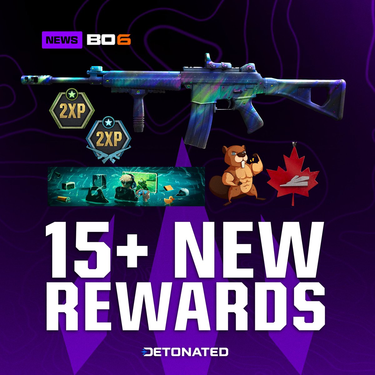DETONATEDcom's tweet photo. #BlackOps6: Unlock 15+ FREE Rewards starting June 26th!

💥 Earn the ‘Aurora Sky’ Blueprint, ‘OHH’ Charm, 8 Hours of 2XP, Animated Calling Cards &amp; MORE — by watching CDL Champs on Youtube! https://t.co/GiqlFMkewY