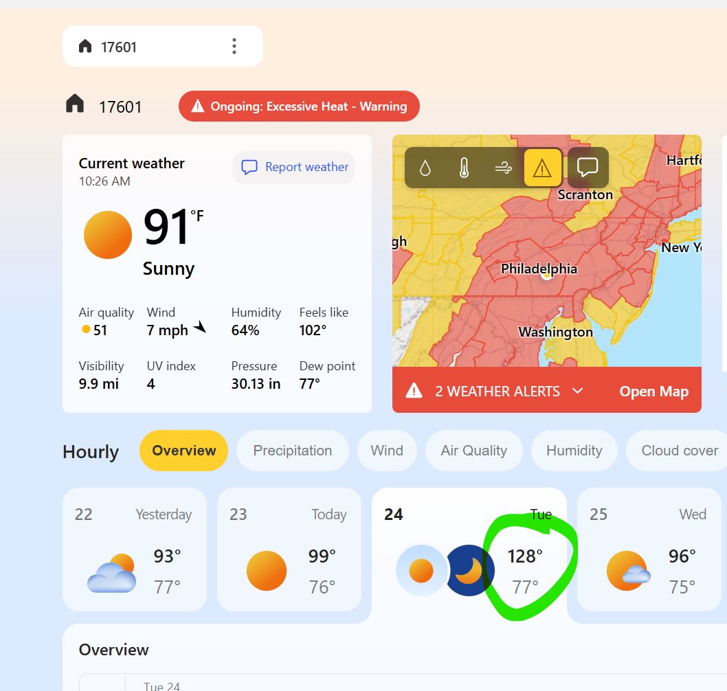 SharonKabel's tweet photo. Microsoft Weather forecasts that central PA will briefly turn into the surface of Mars tomorrow with a high of 128F https://t.co/jIAQcp9sw4