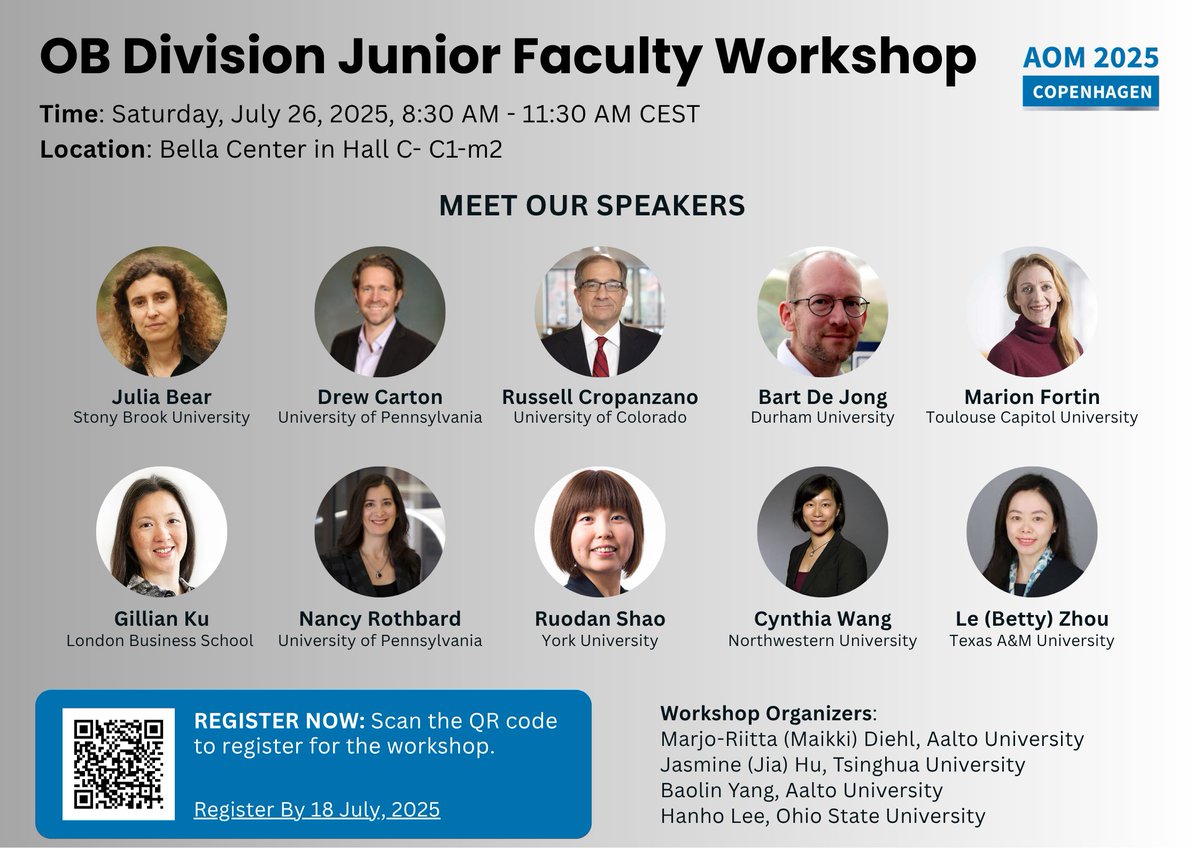 🎯 Calling junior faculty! Join our OB Division Junior Faculty Workshop at #AOM2025 Copenhagen

📅 July 26, 8:30-11:30 AM
🌟 10 distinguished Faculty Fellows
🤝 Career guidance &amp; mentorship
📊 Publishing strategies &amp; tenure tips

Register by July 18: bit.ly/4nfRhbP