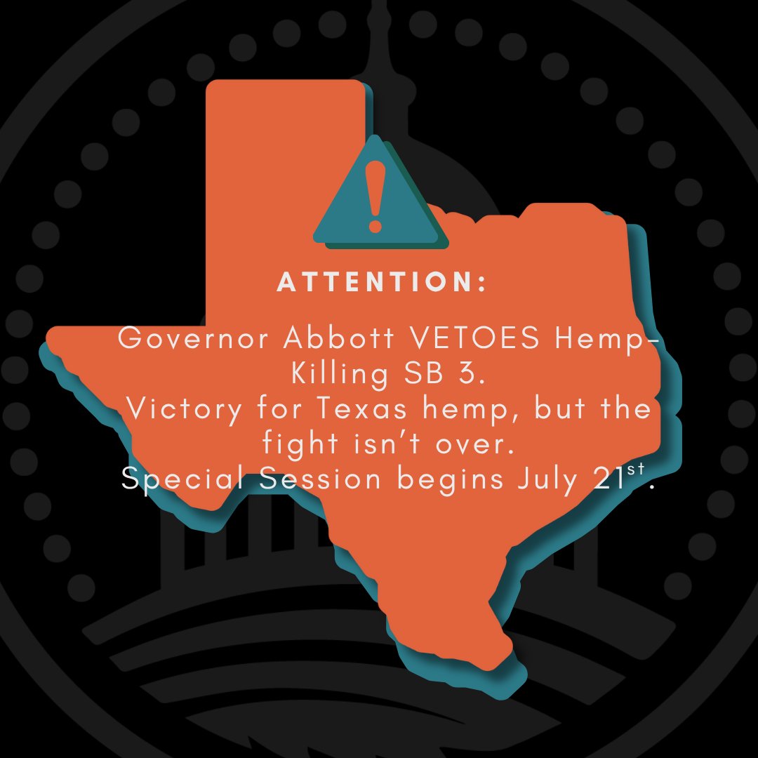 Victory in Texas! Governor Abbott VETOES SB3

Thank you to everyone who helped advocate for the VETO of SB3.

The fight is not over, a special session begins July 21st.

Read the Full Statement from USHR's Jonathan Miller here:
hempsupporter.com/news/victory-i…