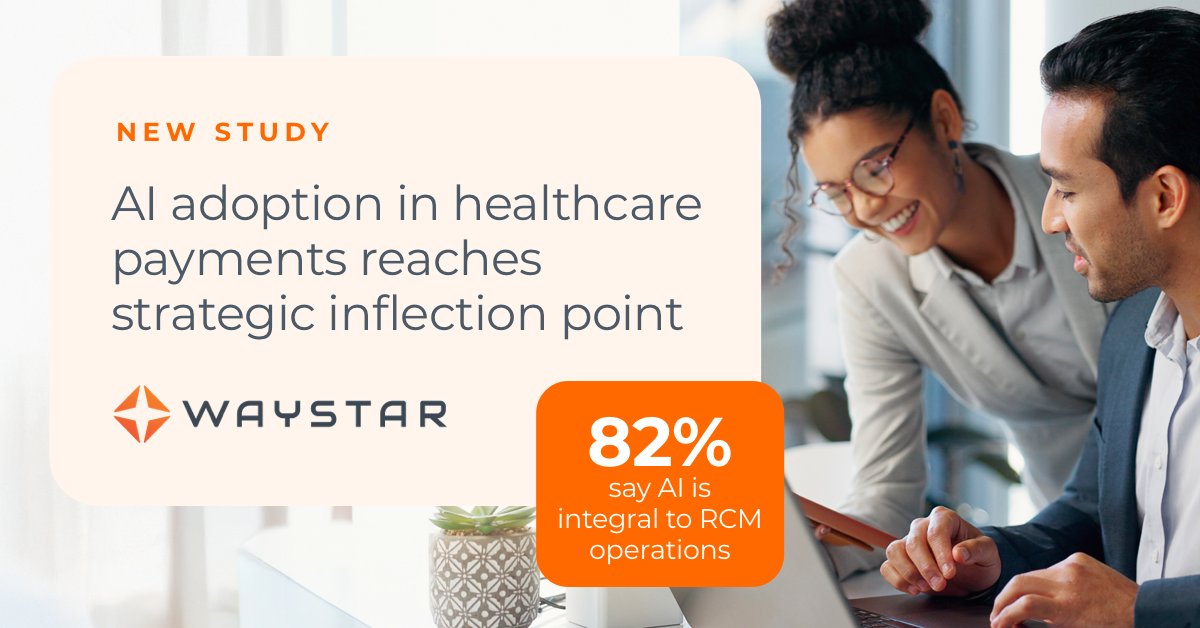 Waystar's tweet image. Waystar released the results of a new study that reveals how #AI is becoming mission-critical in #RCM with its proven impact and measurable #ROI. ow.ly/c28A50WeIjM