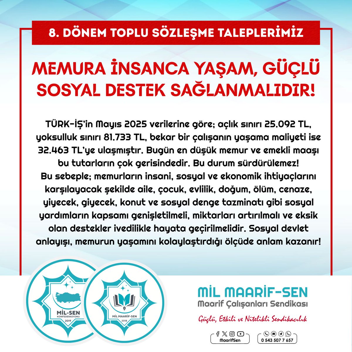🛍️Aile, çocuk, doğum, ölüm, giyim, konut, denge tazminatları artırılmalı.

Kapsam genişletilmeli, sosyal destek güçlendirilmelidir.

#SosyalDevlet  #TopluSözleşme2025 #MaarifSen #MilSen <a href="/csgbakanligi/">T.C. Çalışma ve Sosyal Güvenlik Bakanlığı</a> <a href="/HMBakanligi/">T.C. Hazine ve Maliye Bakanlığı</a> <a href="/tcmeb/">Millî Eğitim Bakanlığı</a>