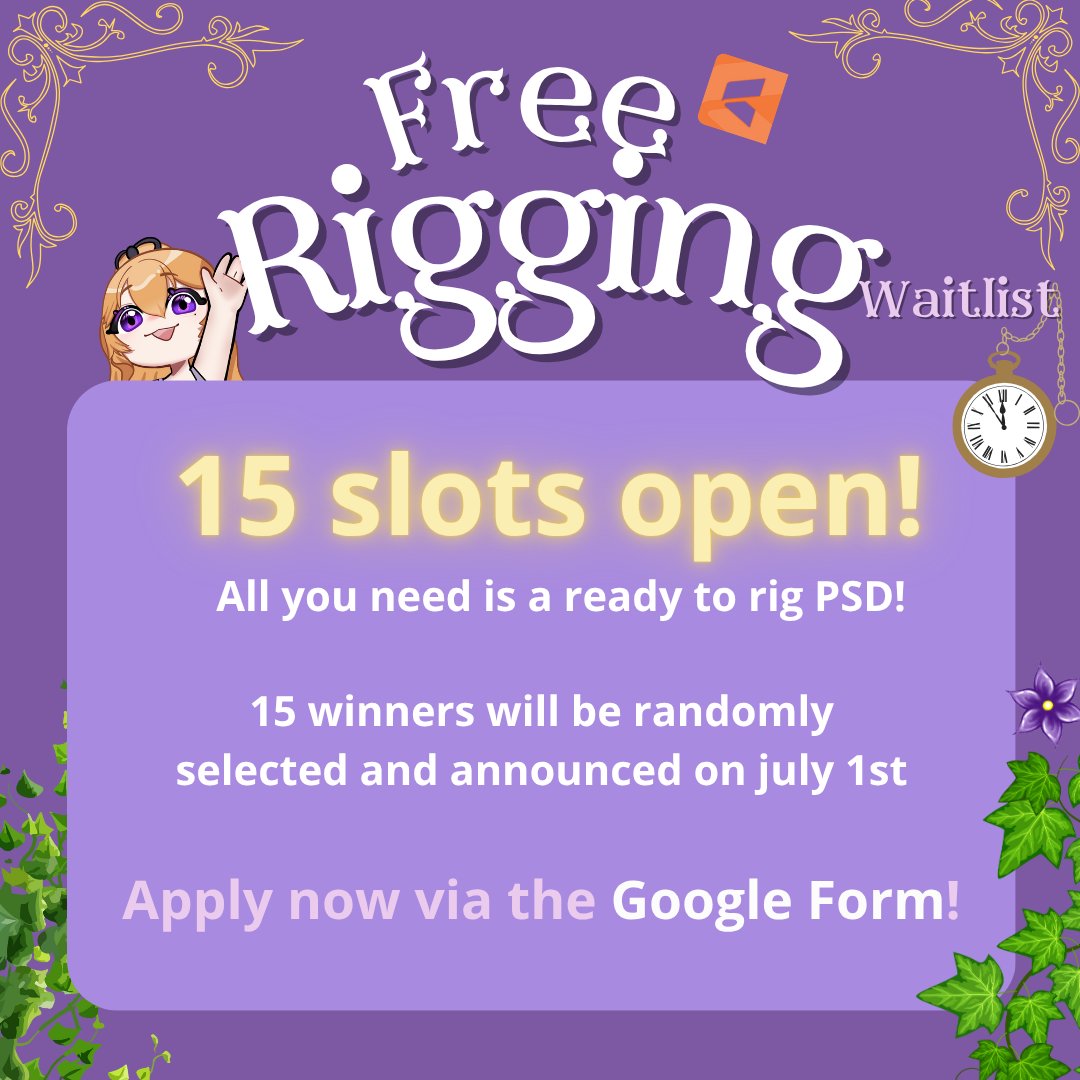 🚨 FREE VTUBER RIGGING RETURNS ~ 15 SLOTS! 🚨

I’m offering 15 free Live2D rigs July–Oct!

Now done by random draw to give everyone a fair chance!

💌 Entries close: June 30th 
📢 Winners will be contacted and announced on July 1st

Apply in the form below! ⤵️