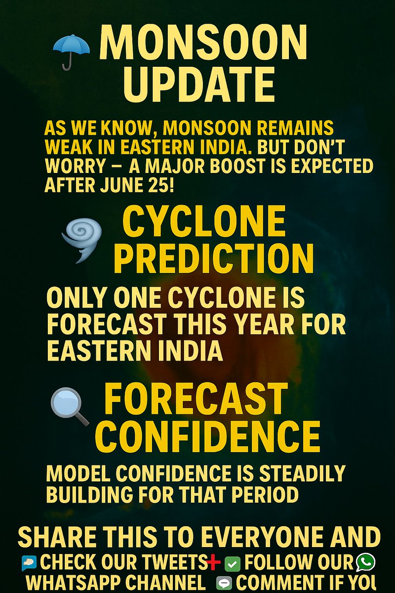 jackson10755839's tweet photo. 🌧️ As we know, monsoon remains weak in Eastern India.
But don’t worry — a major boost is expected after June 25!
🌿 Based on latest model trends, rainfall will pick up soon.
#MonsoonUpdate #EastIndia #RainWatch #IndiaWeather #WeatherForecast #JuneRain #RainAlert https://t.co/woRaTD8CxP
