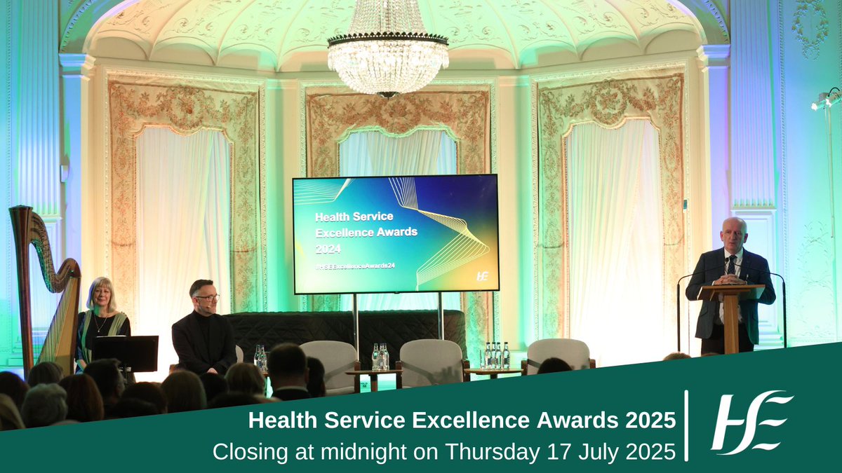 Applications for the 2025 Health Service Excellence Awards close at midnight on Thursday 17 July. The awards are open to all staff (HSE and non-HSE) working in the public health system &amp; any health service provided to the public. Apply → bit.ly/43rLLIE#OurHea…