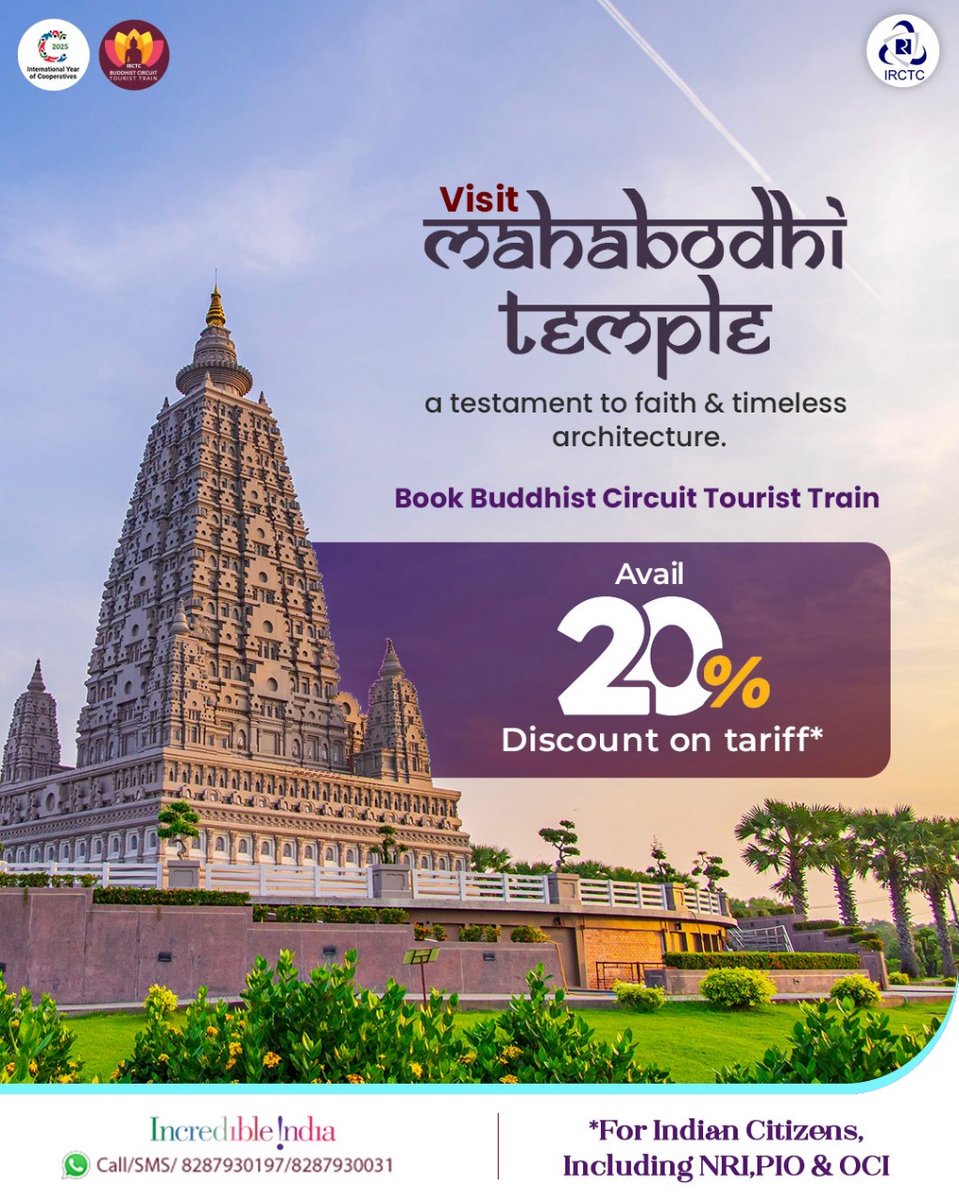 The Mahabodhi Temple in Bodhgaya stands as a testament to divine faith and timeless architechtural brilliance. Visit this iconic holy site with a pilrimage tour aboard the #BuddhistCircuitTouristTrain. 

Book and avail 20% discount on tariff for Indian Citizens, including NRI,