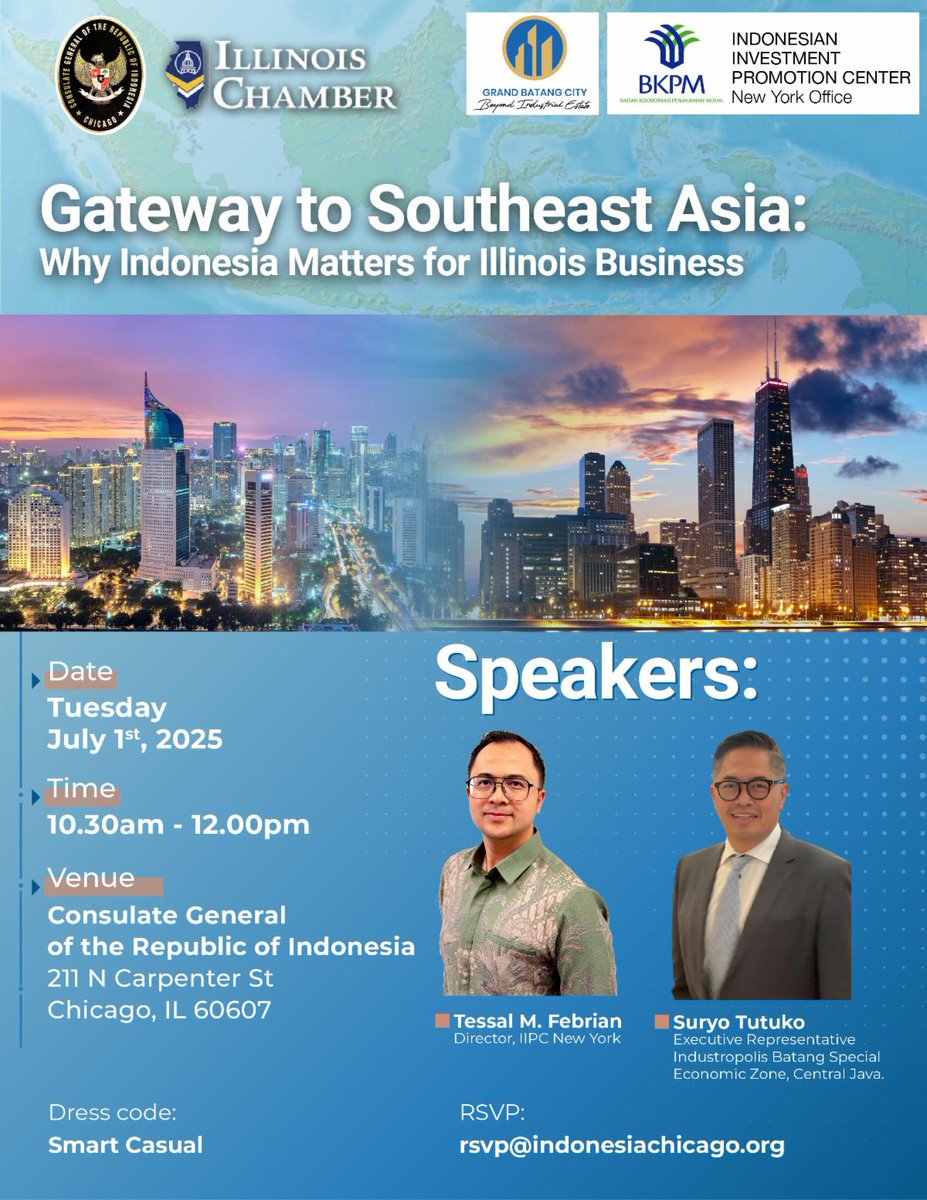 Join us for an exclusive business roundtable dedicated to fostering trade and investment opportunities between the Midwest and Indonesia. Space is limited, register to Laura Ortega at: lortegailchamber.org before June 28!

We hope to see you there!