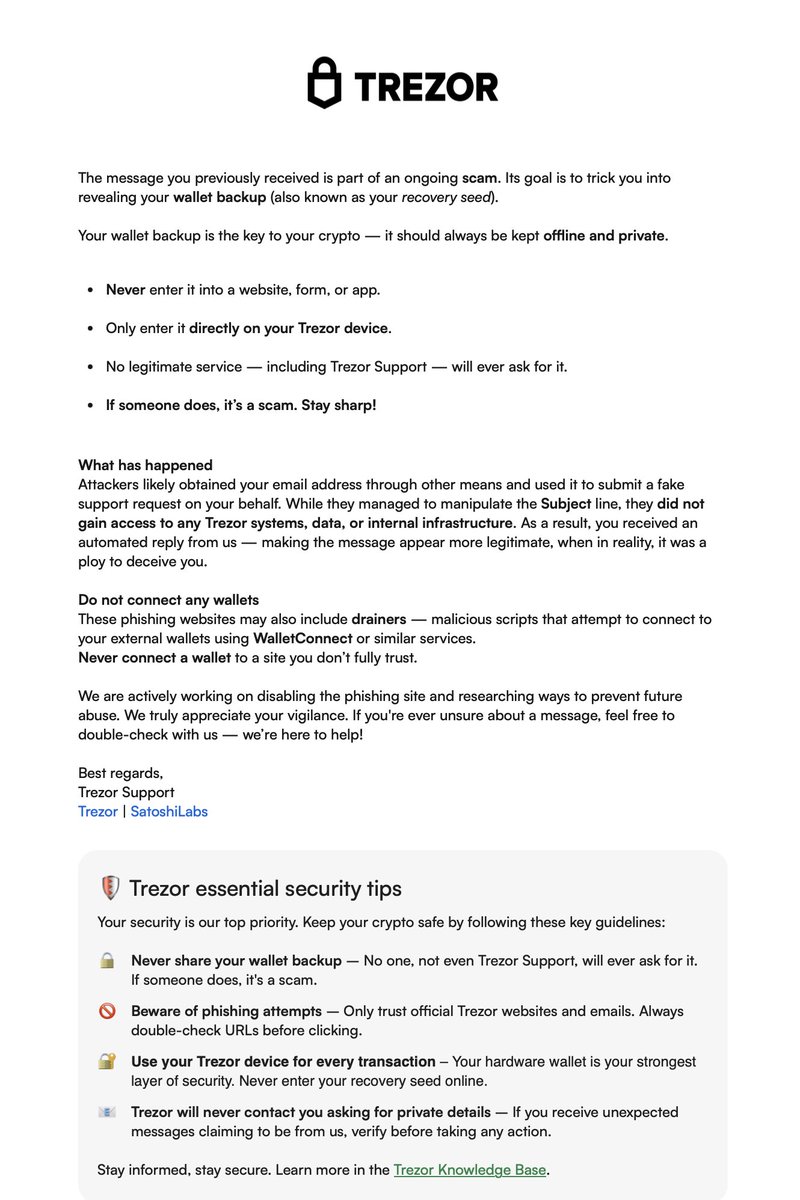 Be super careful right now... seeing many attacks on the rise... just got this from Trezor today!
bad guys and hackers are going after crypto
because once they have it, there is nothing we can do!
<a href="/TheOneNFT/">georgegrant.btc |👑.btc</a> has a great security guide you should follow!