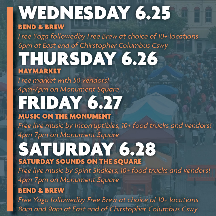 We have ourselves a MAJOR weekend in #DowntownRacine!
Wed- Bend &amp; Brew  6pm
Thur - HayMarket  4-7p
Fri- Music on the Monument  4:30-7:30p
Sat- Saturday Sounds on the Square 4:30-7:30p and Bend &amp; Brew 8am &amp; 9am!
✨
#RallyForRacine #RacineWI #AskMeWhyILoveRacine #RacineWisconsin
