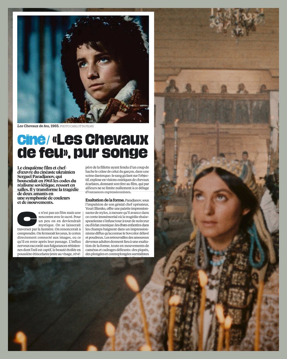 "Ce n’est pas un film, mais une rencontre avec le sacré." <a href="/libe/">Libération</a> 

Sublime papier signé #NathalieDray dans <a href="/libe/">Libération</a> ce weekend ! Cela nous donne envie de revoir ce chef-d’œuvre signé #SegueïParadjanov.
LES CHEVAUX DE FEU, actuellement au cinéma : allocine.fr/film/fichefilm…
