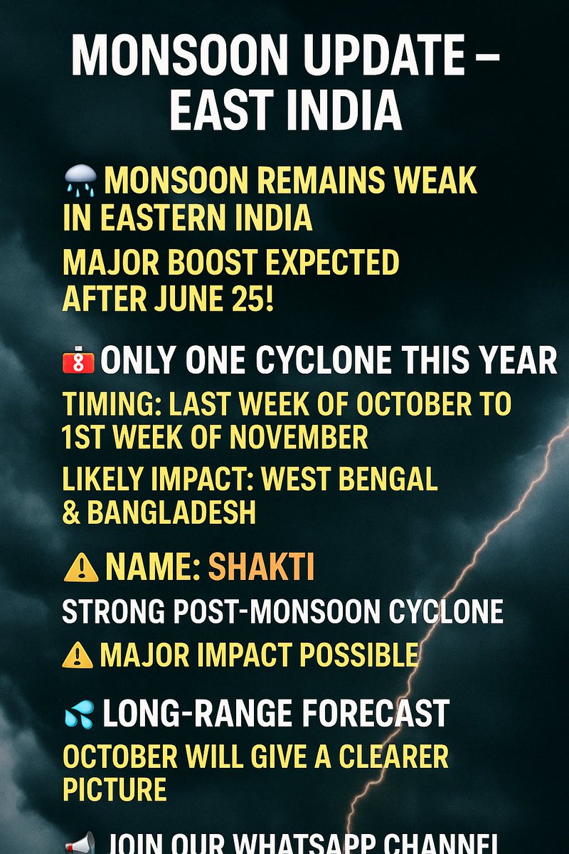jackson10755839's tweet photo. 🌧️ As we know, monsoon remains weak in Eastern India.
But don’t worry — a major boost is expected after June 25!
🌿 Based on latest model trends, rainfall will pick up soon.
#MonsoonUpdate #EastIndia #RainWatch #IndiaWeather #WeatherForecast #JuneRain #RainAlert https://t.co/woRaTD8CxP
