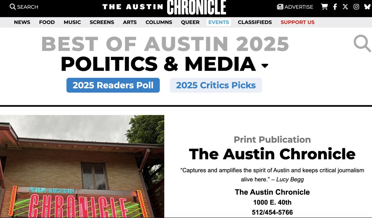 Ladies and gentlemen....

For the 10th+ straight year....

Join me in congratulating my friends at <a href="/AustinChronicle/">Austin Chronicle</a> for being named the best print publication in Austin by the <a href="/AustinChronicle/">Austin Chronicle</a>!

Well done.