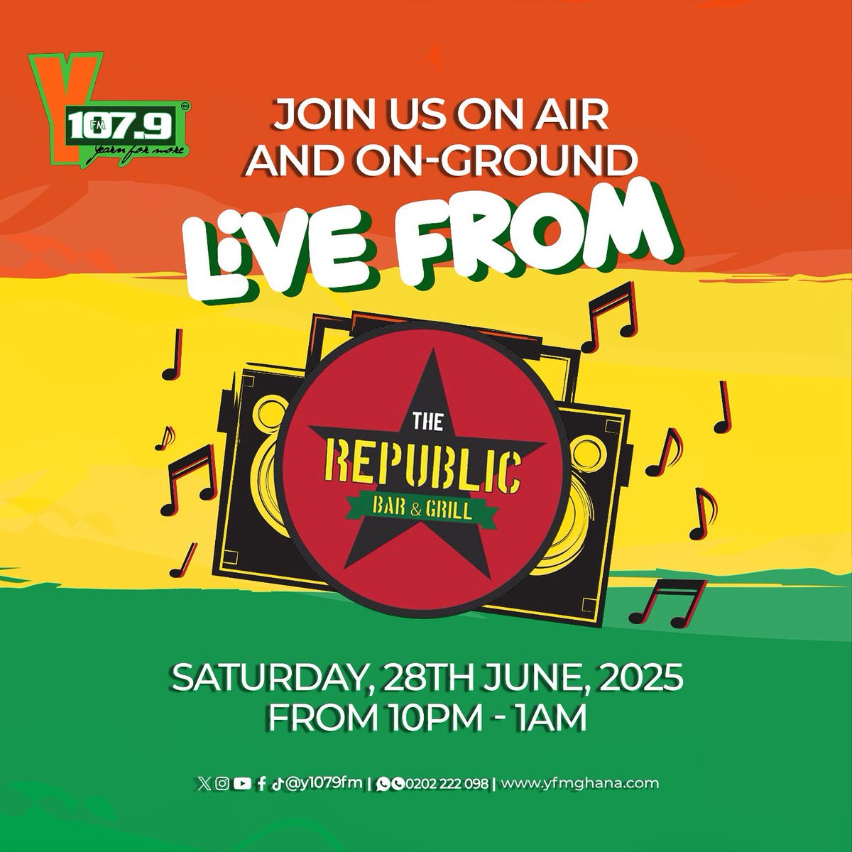 Y1079FM's tweet photo. #RepublicRadio is back again!!!!🎉🥳
Join us live this Saturday at @RepublicBarGH from 10pm all the way to 1am or tune in live on the Big Y @Y1079FM 😎🔥🙌🏽
#yfmghana #republicbar #republicradio #fyp https://t.co/37QrzgKUxq