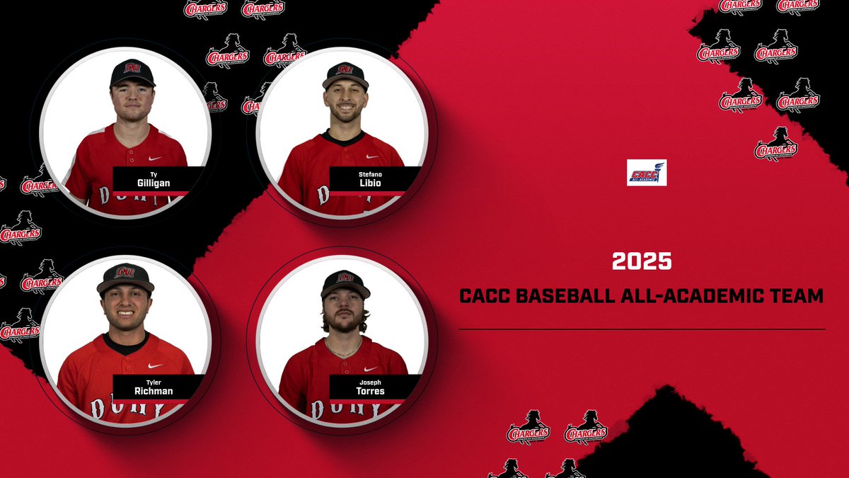 CONGRATULATIONS to Ty Gilligan, Stefano Libio, Tyler Richman and Joseph Torres for being named to the 2025 CACC Baseball All-Academic Team!