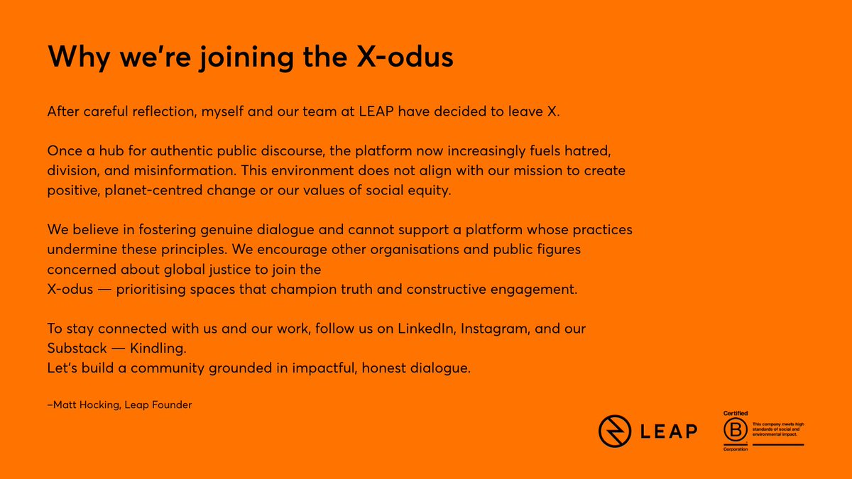 Matt and LEAP are no longer active on X. Please connect with us here:

LEAP:
LinkedIn – Leap | B Corp Design &amp; Impact Agency 
linkedin.com/company/madeby…
Substack – ‘Kindling’ 
madebyleap.substack.com
Instagram – madebyleap

Matt:
Instagram – matt.hocking
LinkedIn – Matt Hocking FRSA