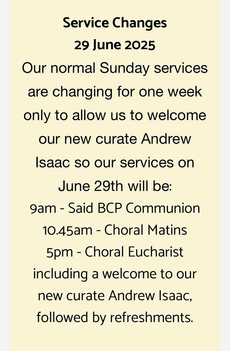 We will be welcoming our new curate this Sunday so our service times have changed for one week only!