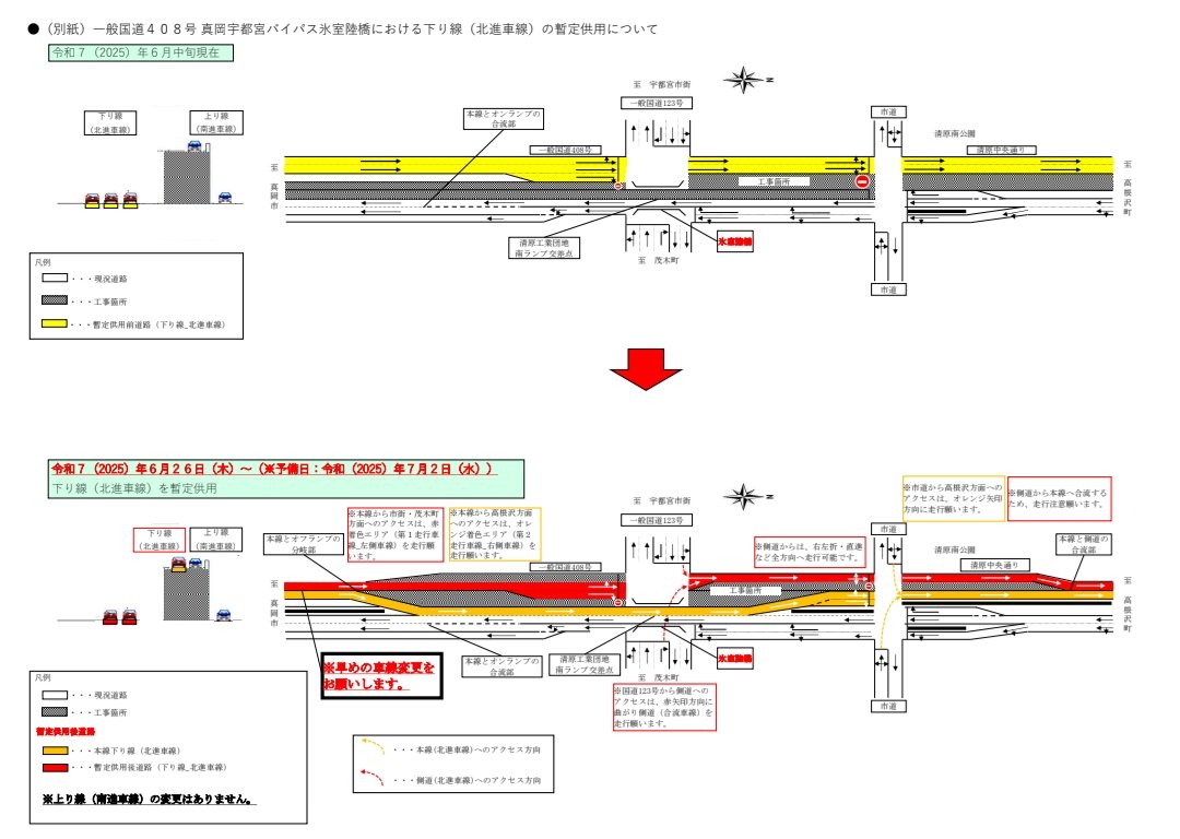 一般国道408号真岡宇都宮バイパスの通行方法を一部切り替えます。 令和